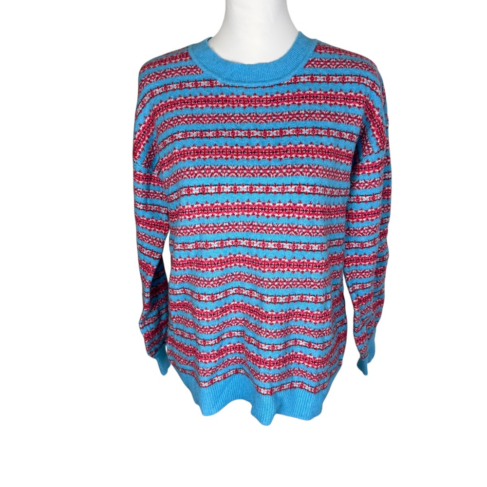 LOFT Fair Isle Knit Sweater Blue Red Striped Crew Neck Long Sleeve Women's M NWT